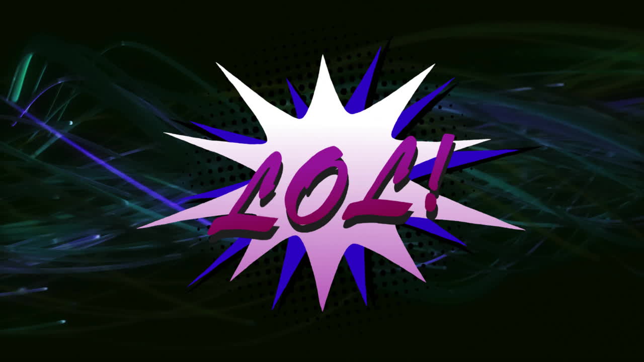 Animation of LOL! text in comic-style with starburst effect on dark background
