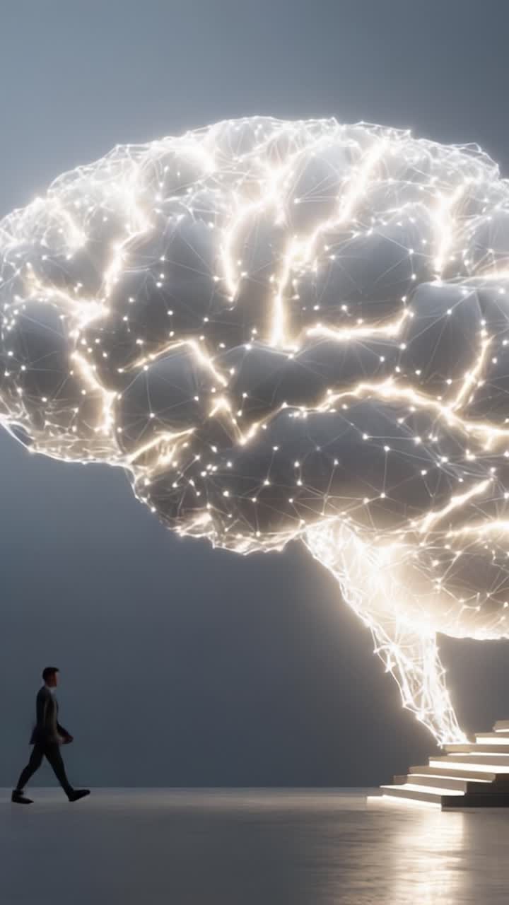 Una moderna rappresentazione artistica di un cervello che simboleggia intelligenza e creatività, con una figura umana che passa, evidenziando la fusione tra tecnologia e pensiero umano
