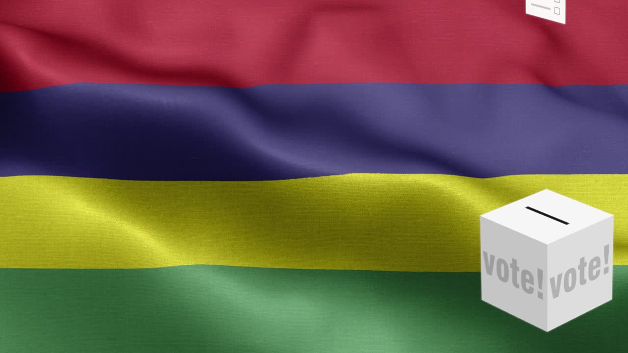 투표용지가 모리셔스 선택을 위해 상자에 날아갑니다. - 발 앞에 있는 투표용지. - 선거. - 투표. - 모리셔스의 발. - 몰리셔스 국기. - 높은 세부 사항. - 국가 발 모리샤스 파동 패턴. - 루프 가능한 요소. - 직물 질감과 끝없는 루프.