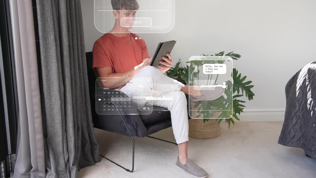 Man tapping tablet, making tech widgets expanding, highlighting calendar, map, chats, managing time