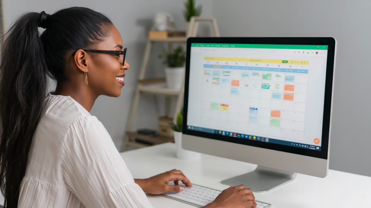 Clicking woman wearing glasses white blouse updating desktop calendar at home office to add events