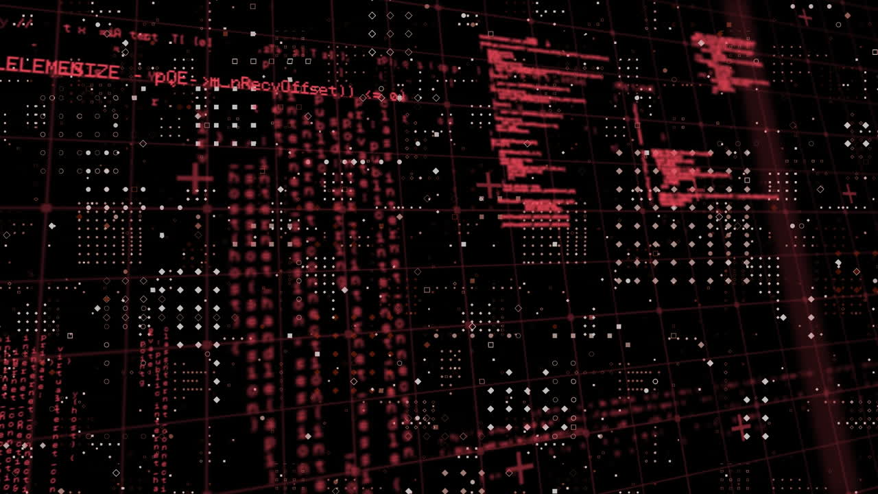 animación del procesamiento de datos a través de la red de cuadrícula contra el patrón de puntos de filas en fondo negro.