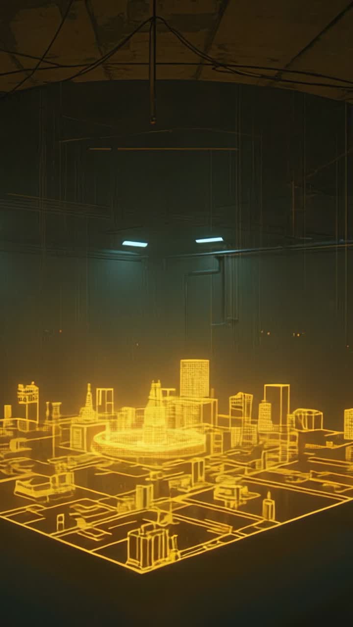 Vertical video: Updating data, holographic city pulsing over platform in lab, with teal lights