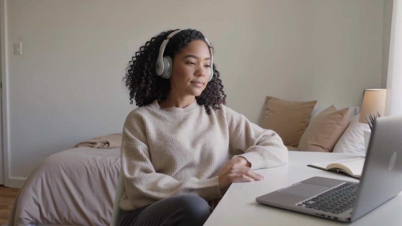 Focusing woman wearing light sweater and headphones, responding to laptop screen at bedroom desk