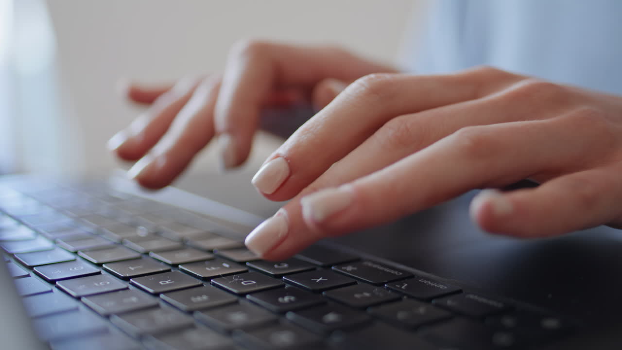 Lady hands typing laptop keyboard sitting table closeup. Woman texting messages