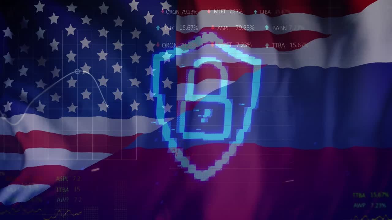 Animazione di un lucchetto e elaborazione dati sulle bandiere di Russia e Stati Uniti d'America.
