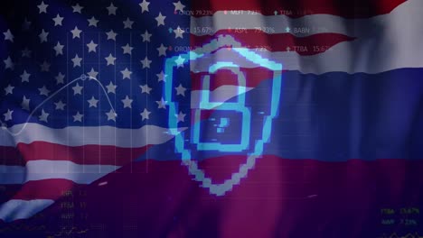 animación de candado y procesamiento de datos sobre la bandera de rusia y los estados unidos de américa