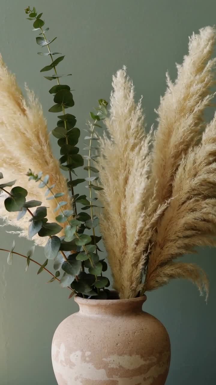 Video verticale: Vasi in ceramica oscillanti che espongono pampa ed eucalipto mossi in casa da una leggera brezza.
