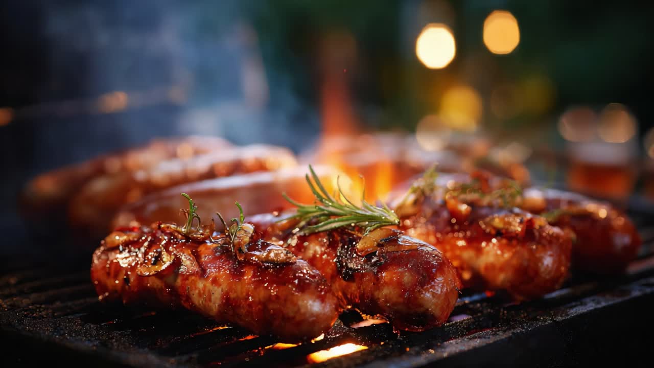 Salsicce deliziosamente grigliate con erbe aromatiche glassate nella salsa, cotte su fiamma aperta, perfettamente carbonizzate e pronte per un gustoso piacere