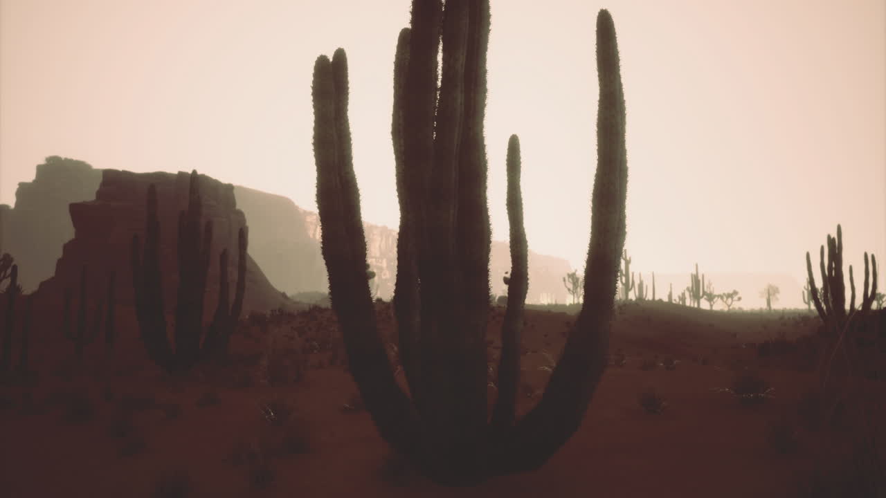 Cactus silhouettes against a desert sunset in a peaceful landscape