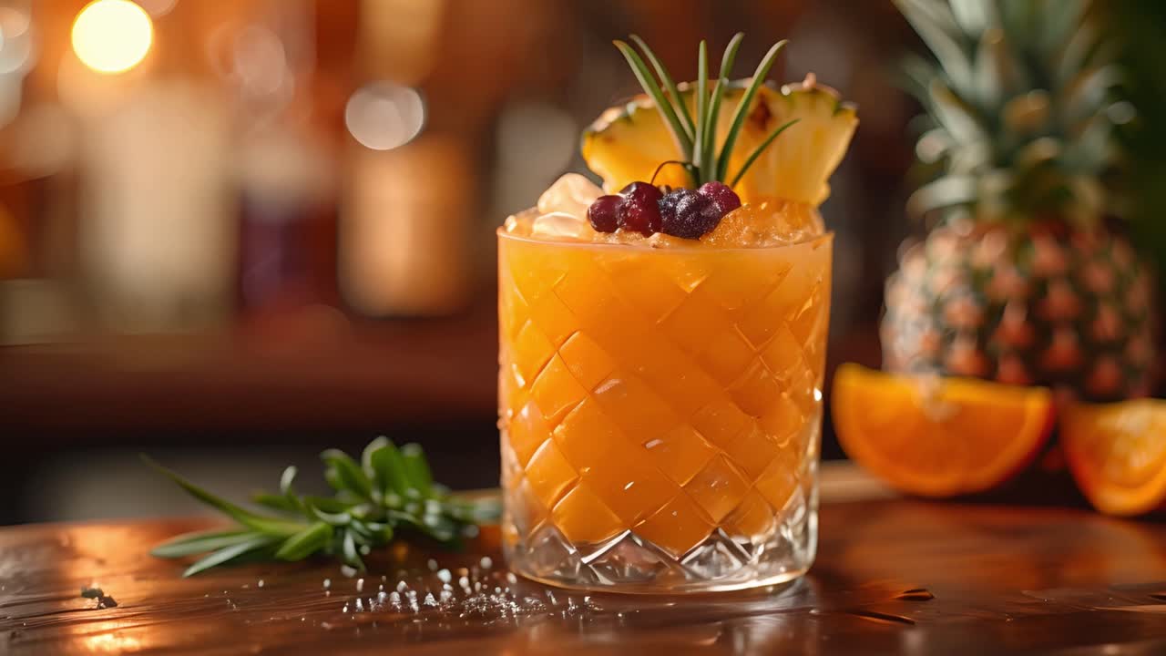 Tropical Orange Cocktail with Pineapple and Rosemary Garnish