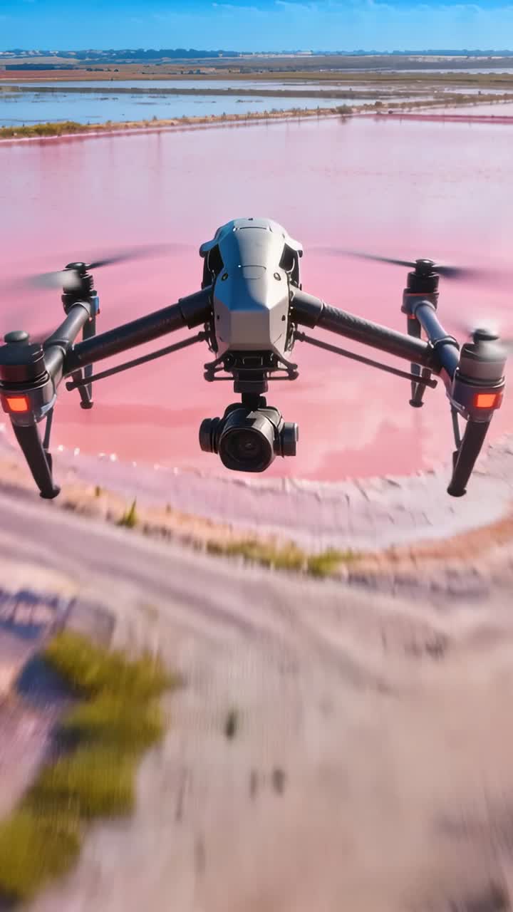 Video verticale: Ricevendo il comando del pilota, il drone scende sopra stagni di sale rosa, rivelando la costa