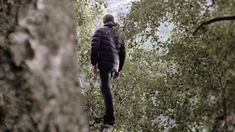 Man-standing-on-a-tree-branch,-surrounded-by-leaves-in-a-forest,-Slow-motion,-Norway,-Europe