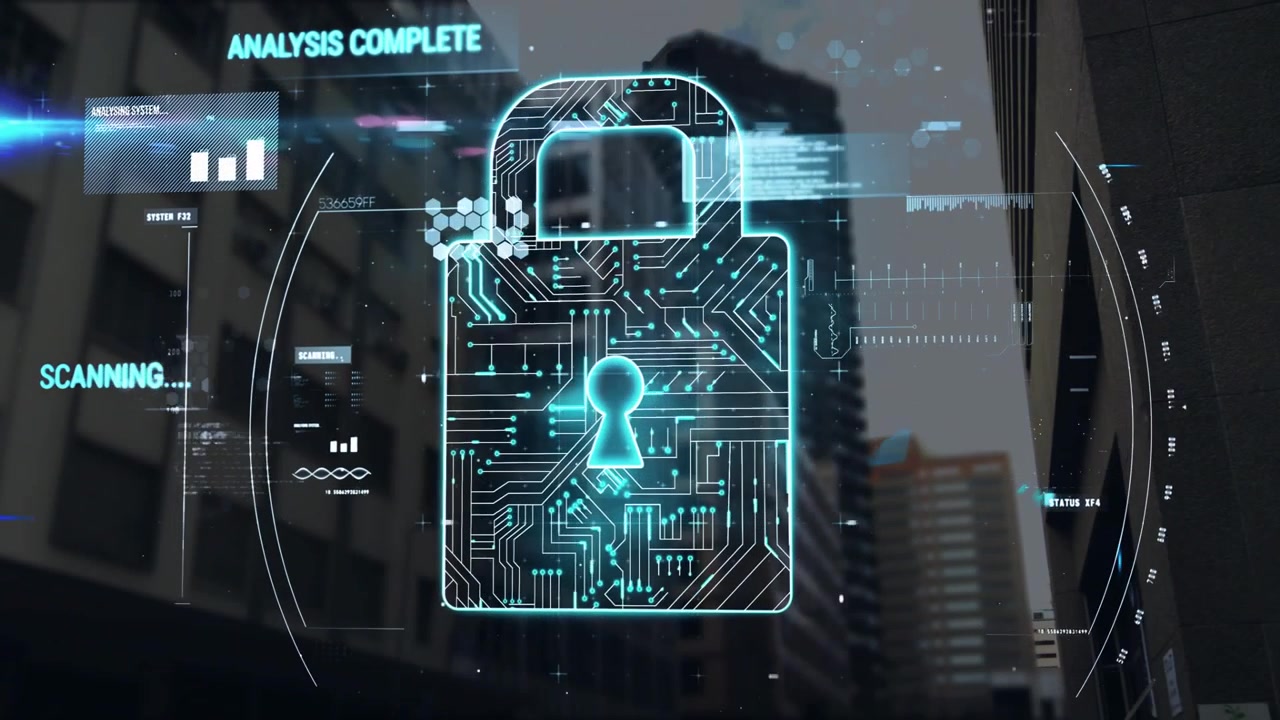 Neon-blue digital padlock hologram floating over blurry cityscape, showing circuit patterns and HUD