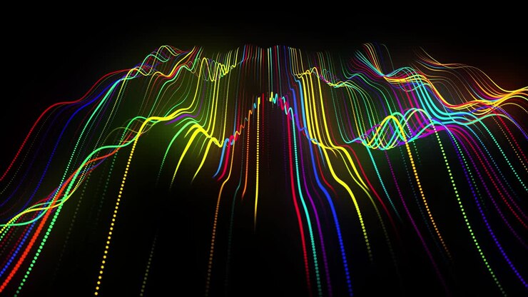 Festive vj loop with multicolored particles and smooth animated camera. Abstract 3d bg with glow particles lined up in a row along curved waving lines in 3d space. Motion design background.