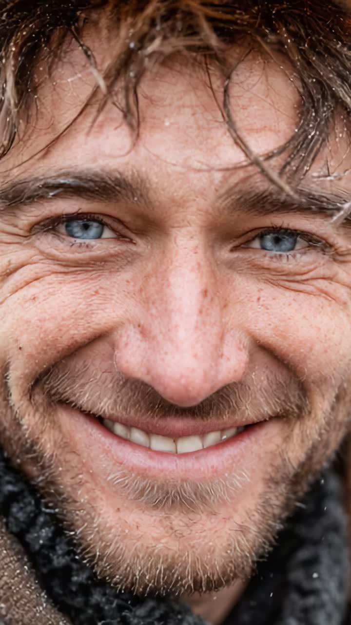 Fascinerende nærbilde av en smilende mann med klare blå øyne og et varmt uttrykk, som fremhever naturlig skjønnhet og følelser i et ærlig øyeblikk