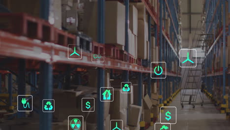 Animation-of-eco-icons-data-processing-over-warehouse