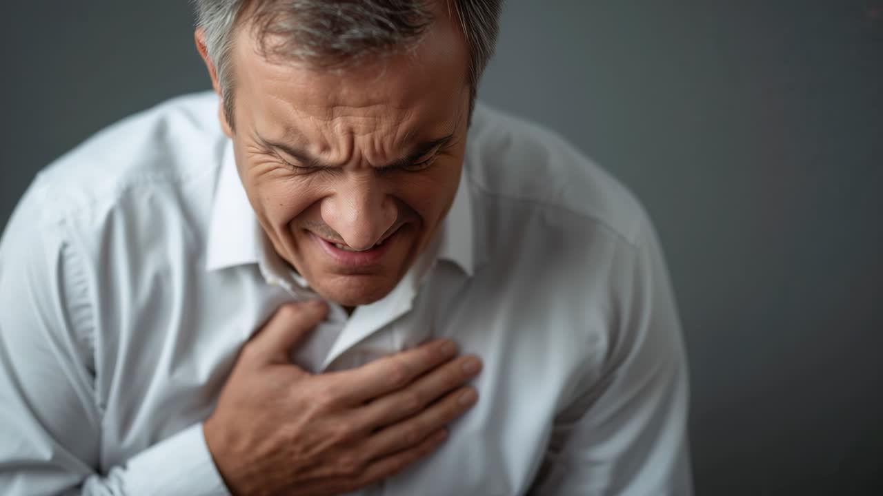 Reacting to chest pain, clutching man pressing right hand to chest in studio, wearing white shirt