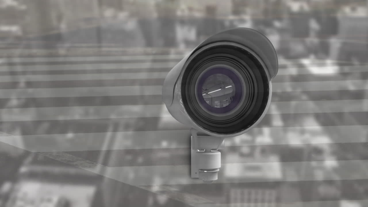 Animazione di una telecamera in movimento sopra persone che camminano in una città sullo sfondo.