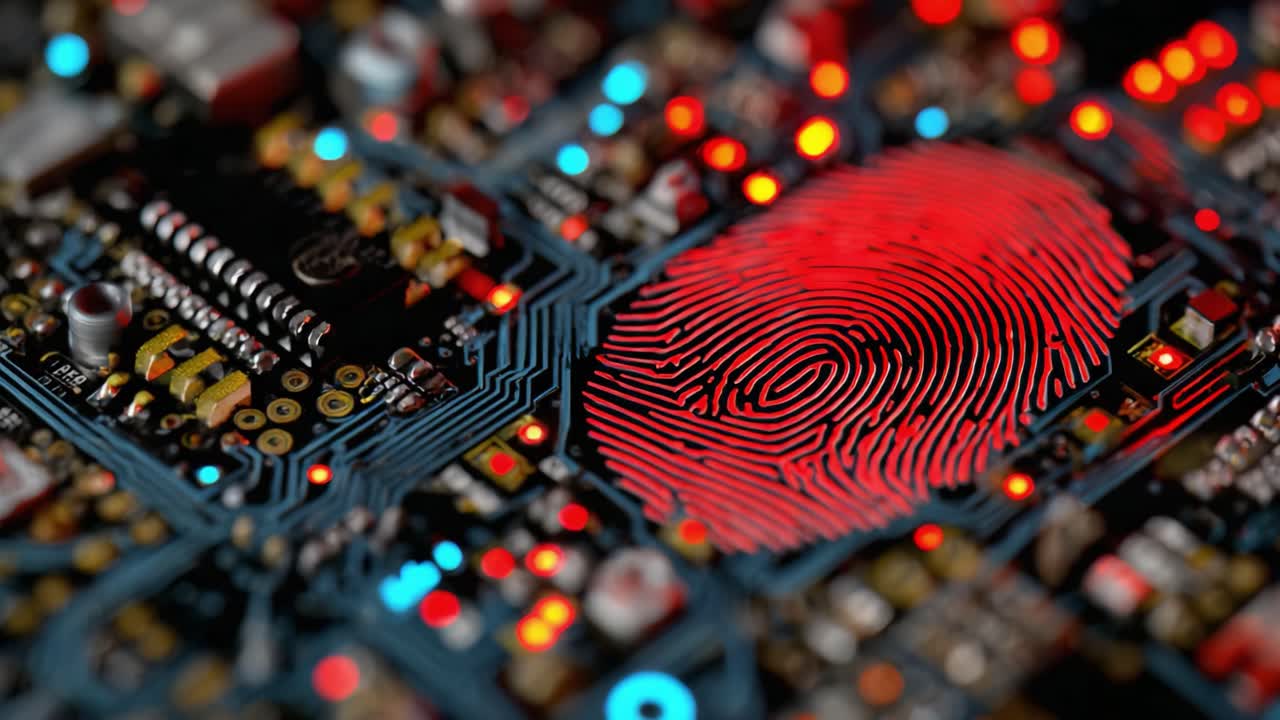 A Close-Up View of a Fingerprint Overlay on a Circuit Board, Showcasing the Intricate Connections and Vibrant LED Patterns in Modern Technology