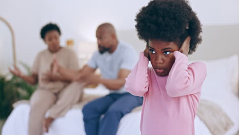 black family, fight and divorce on bed with child