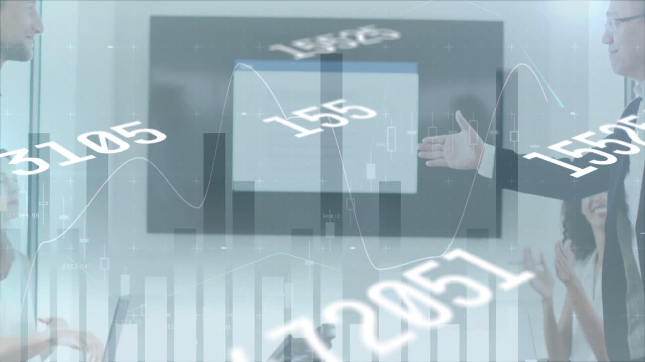 금융 데이터 처리와 번호 변경 두 사업가 사무실에서 손을 흔드는 것에 대해