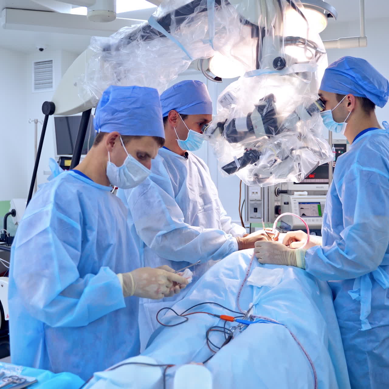 Operating process in a modern surgery room. Teamwork of professional doctors performing operation through the microscope. Camera moves forward into the room.