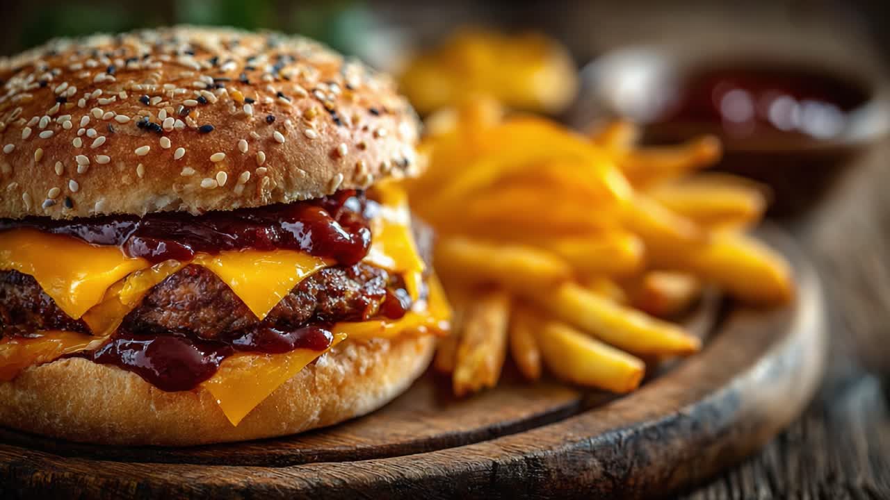 Saftiger, leckerer Cheeseburger mit geschmolzenem Käse und schmackhaften Toppings, dazu knusprige goldene Pommes Frites auf einer rustikalen Holzplatte