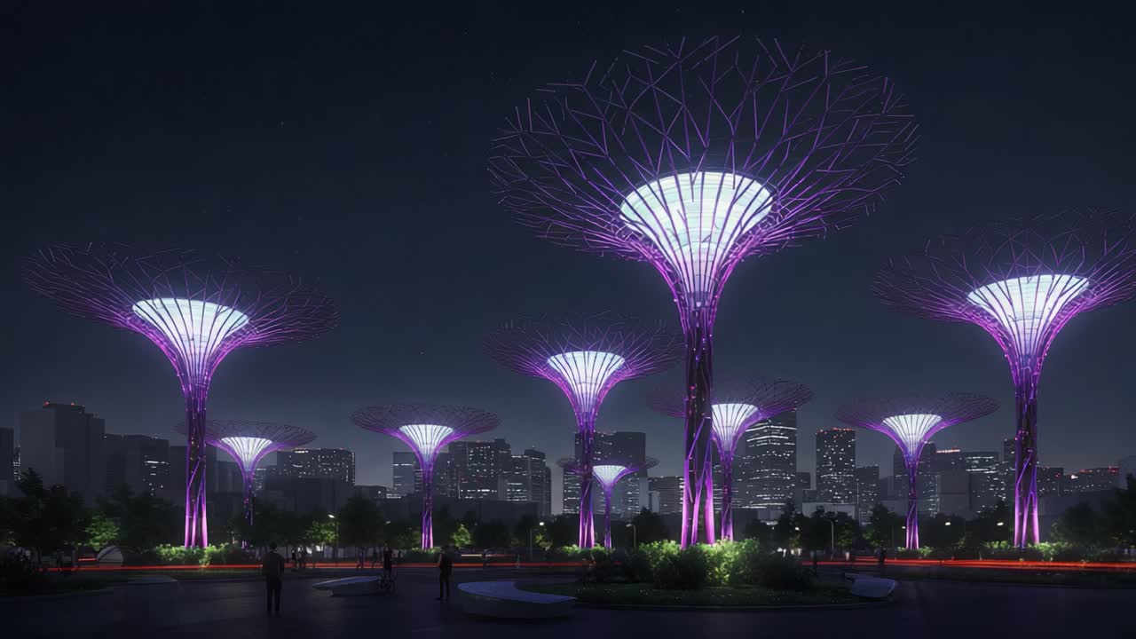 A Stunning Display of Futuristic Luminescent Structures Illuminating the Night Sky, Showcasing a Unique Fusion of Nature and Technology in an Urban Landscape