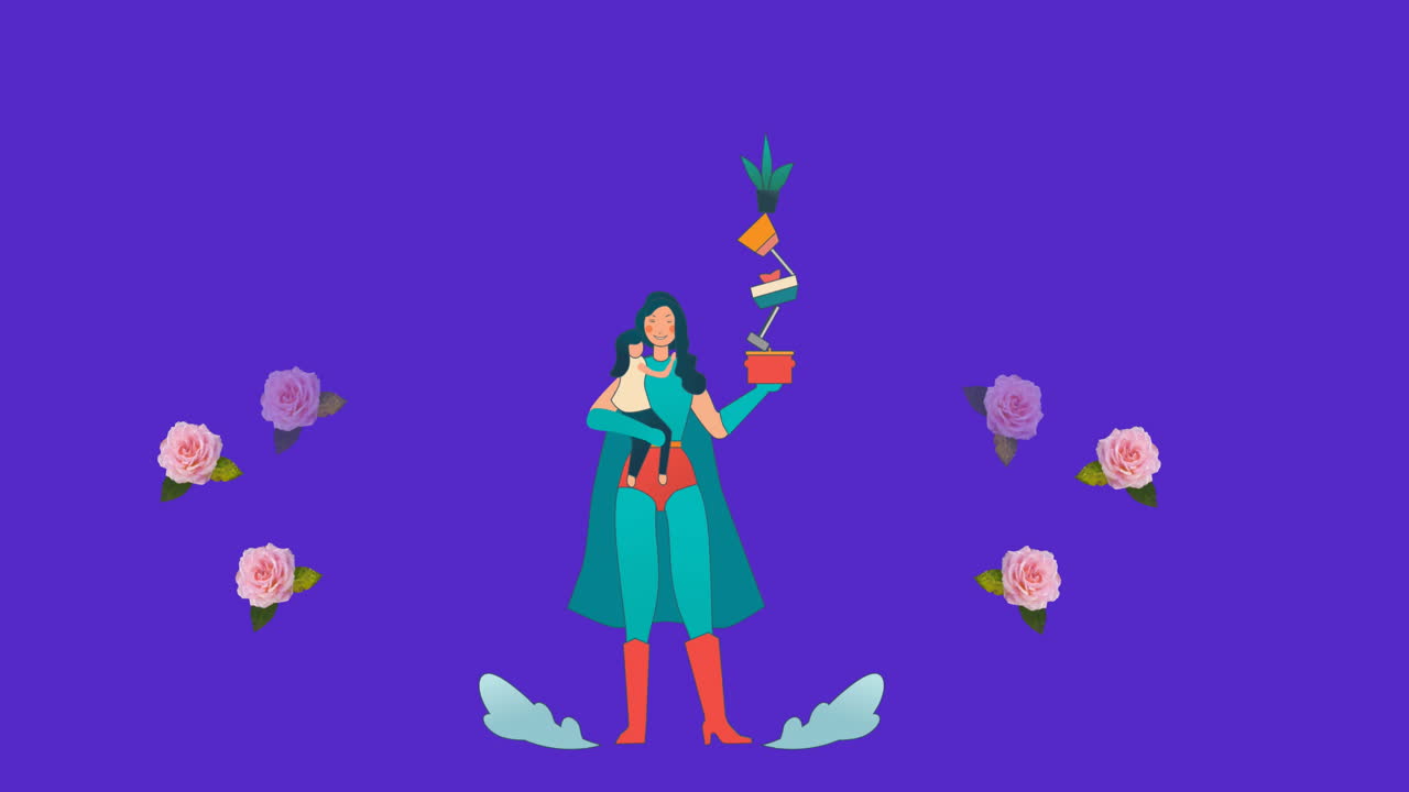 анимация супергероя мамы с дочерью и растениями цветы движутся в гипнотическом движении фиолетовый