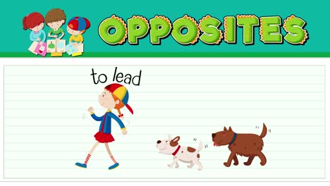 a colorful animation illustrating the concepts of leading and following using a girl and two dogs