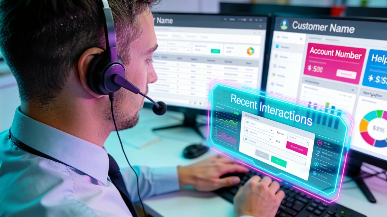 Handling Recent Interactions panel showing, rep in tie typing at desk updating account, copy space