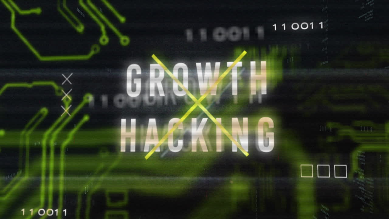 Animation of growth hacking text banner over data processing and microprocessor connections