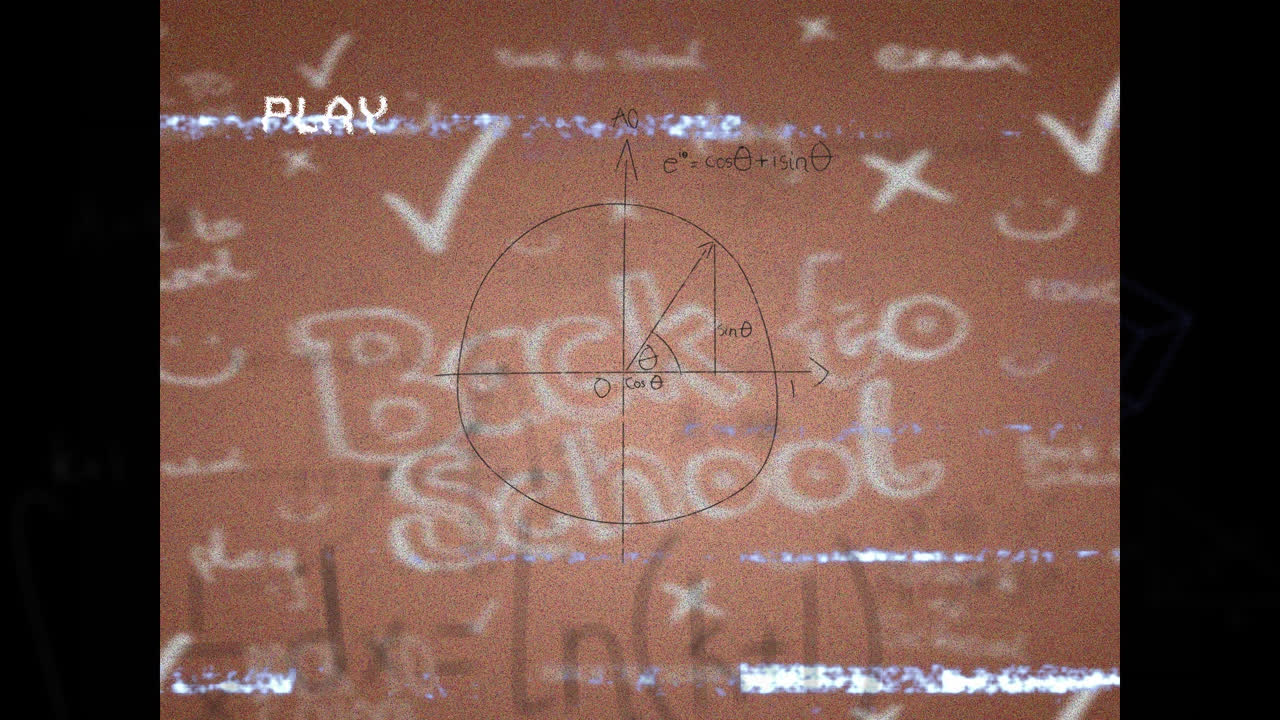 수학적 방정식과 간섭의 애니메이션은 빨간색 배경의 학교 텍스트로 돌아갑니다.