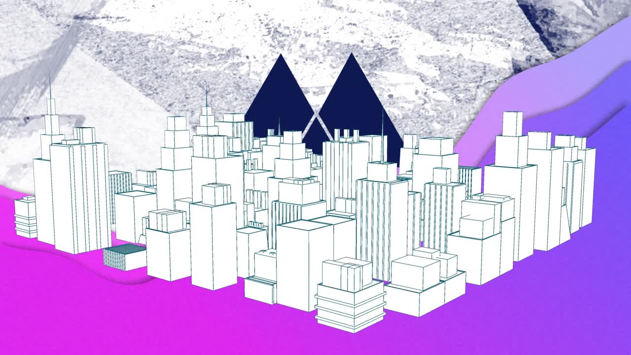 Animazione di paesaggio urbano architettonico e motivo triangolare su sfondo grunge