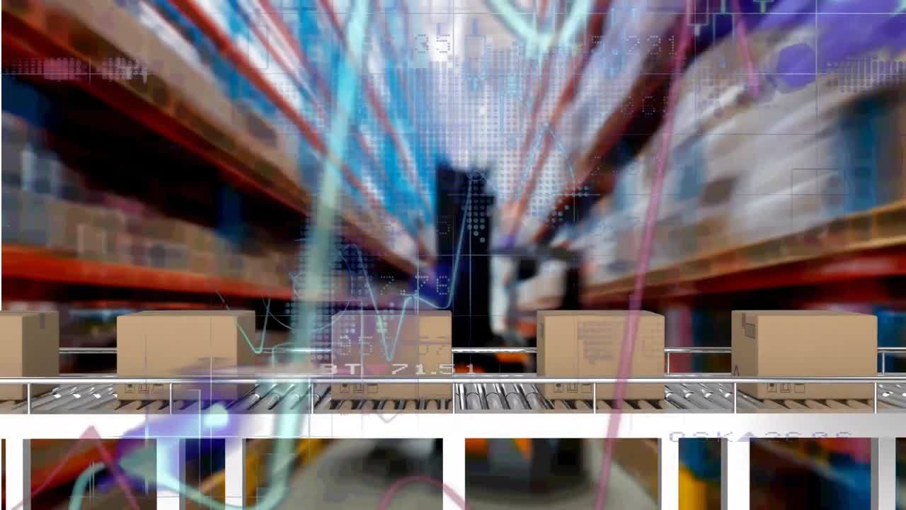 컨베이어 벨트와 창고에서 데이터 처리의 애니메이션