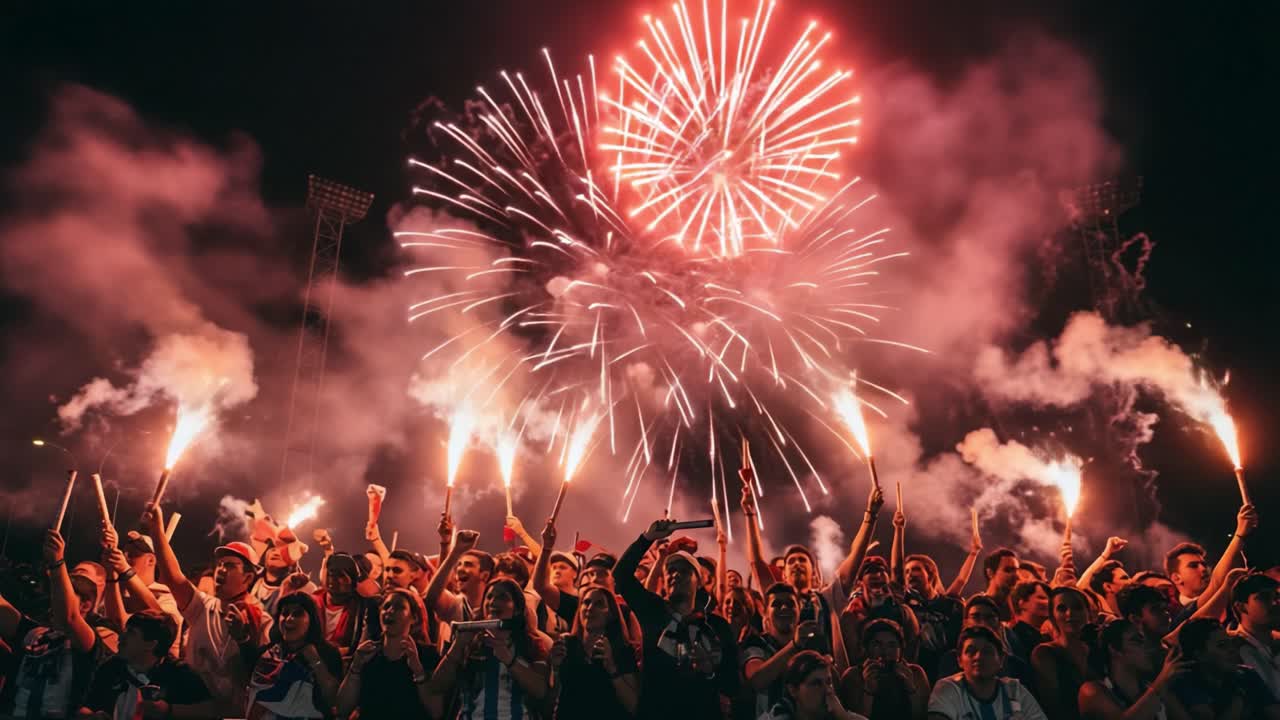 Celebratory Crowd Igniting the Night Sky: A Dynamic Display of Fireworks and Flares at a Vibrant Outdoor Event Full of Energy and Enthusiasm