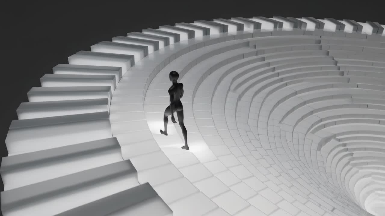 Walking dark mannequin-like humanoid taking first step along inner rim, circling deep spiral pit