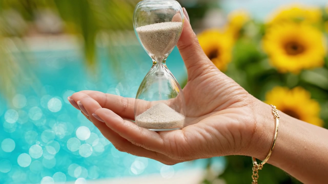 An Hourglass Held in Hand with Sand Flowing, Surrounded by Bright Sunflowers Against a Vibrant Blue Pool Setting, Symbolizing the Passage of Time