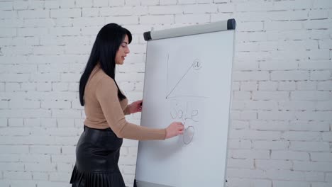Woman writing on white board. Young business woman writing on board