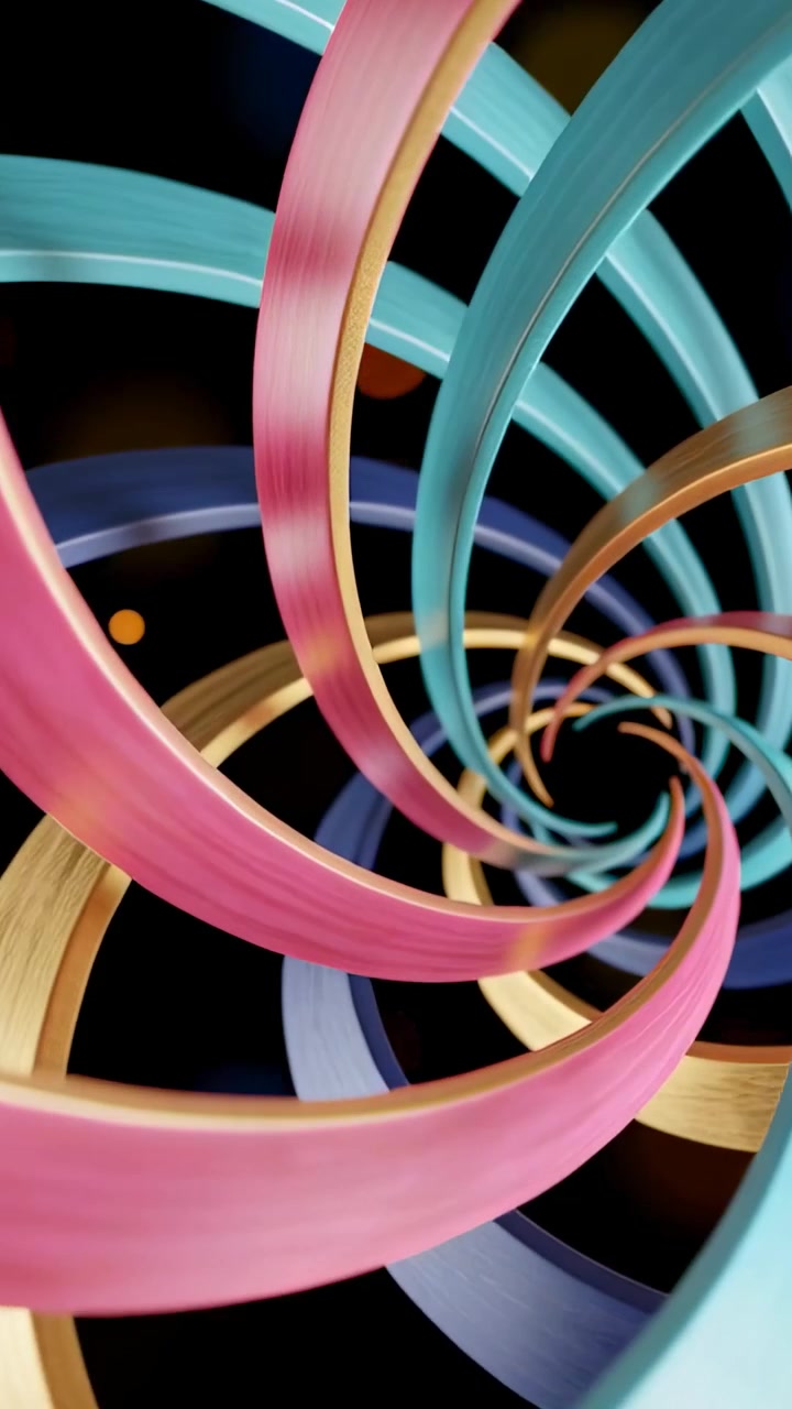 Vertical video: Moving cam into spiral tunnel showing colorful ribbons and orange spots converging