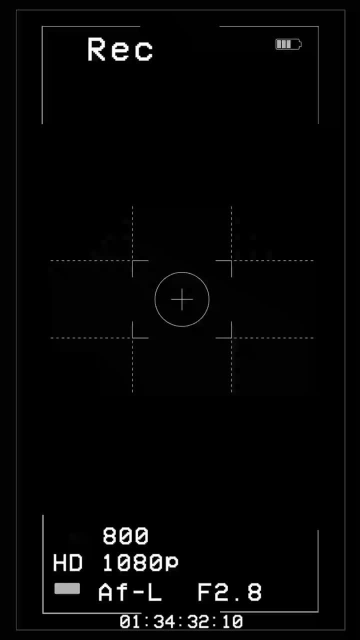 Vertical 9:16 dslr or professional camera viewfinder screen with detailed data including timecode, rec icon, focus point, and settings. For filmmaking or tech concepts
