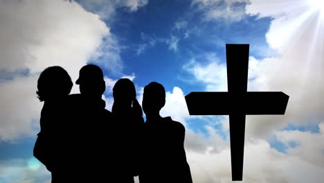 animation of silhouette of family over clouds and cross