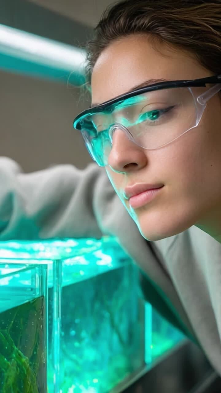 Uma jovem focada, usando óculos de proteção, examina expositores aquáticos vibrantes, mostrando sua dedicação à ciência e à pesquisa em um ambiente de laboratório moderno.