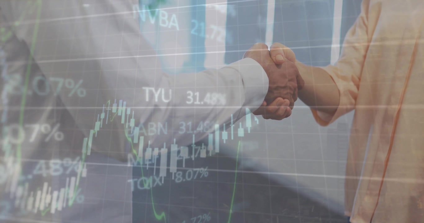 Animazione di grafici multipli e pannello di trading, colleghi caucasici che si stringono la mano