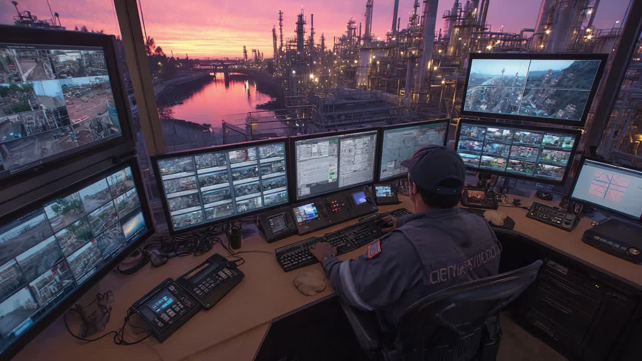 A Control Room Operator Monitors Multiple Surveillance Screens Overlooking a Refinery at Dusk, Highlighting Advanced Technology and Industrial Landscape
