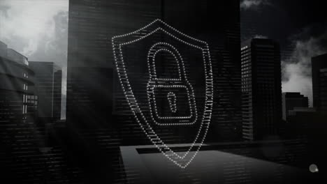 animation of padlock icon over cityscape