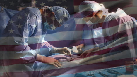 animation of flag of usa waving over surgeons in operating theatre