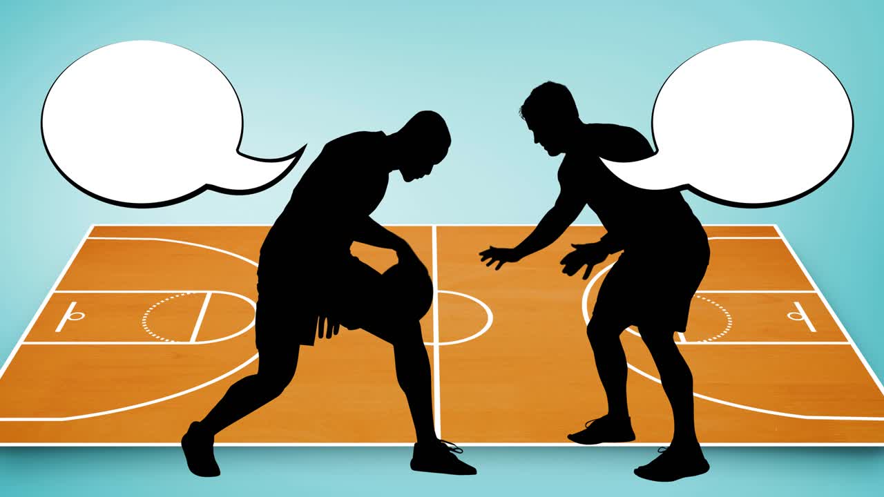 Animation of silhouette of basketball players with speech bubbles on blue background
