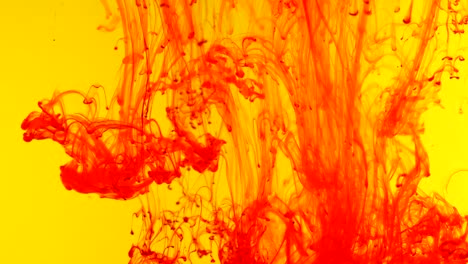 ink in water. colour red paint on yellow reacting in water creating abstract cloud formations.can be used as transitions,added to modern grunge projects,art backgrounds, creative twist